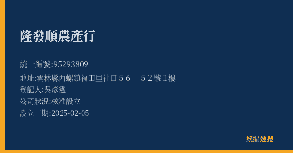 隆發順農產行的照片-統編 95293809(雲林縣) 公司登記資料與營業項目詳細圖表