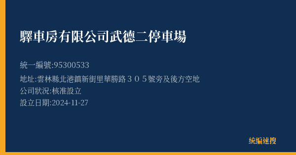 驛車房有限公司武德二停車場的照片-統編 95300533(雲林縣) 公司登記資料與營業項目詳細圖表