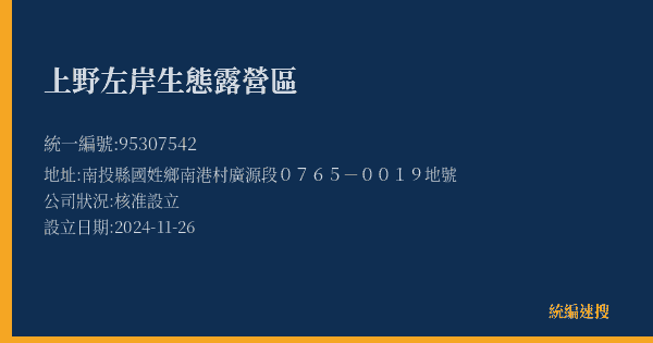 上野左岸生態露營區的照片-統編 95307542(南投縣) 公司登記資料與營業項目詳細圖表