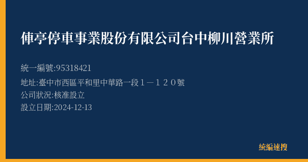 俥亭停車事業股份有限公司台中柳川營業所的照片-統編 95318421(臺中市) 公司登記資料與營業項目詳細圖表
