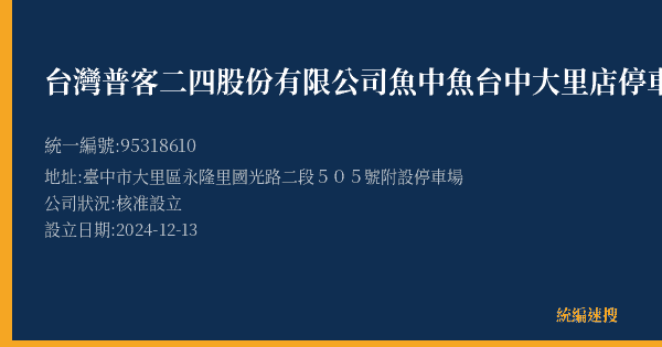 台灣普客二四股份有限公司魚中魚台中大里店停車場的照片-統編 95318610(臺中市) 公司登記資料與營業項目詳細圖表