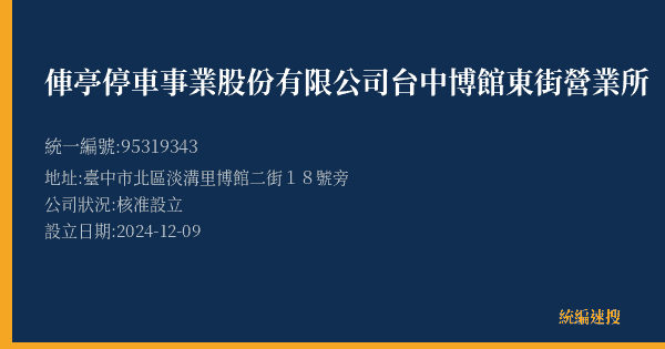 俥亭停車事業股份有限公司台中博館東街營業所的照片-統編 95319343(臺中市) 公司登記資料與營業項目詳細圖表