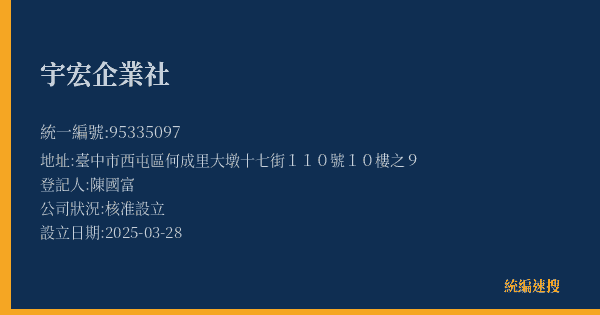 宇宏企業社的照片-統編 95335097(臺中市) 公司登記資料與營業項目詳細圖表