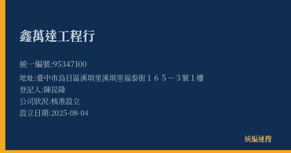 鑫萬達工程行的照片-統編 95347100(臺中市) 公司登記資料與營業項目詳細圖表