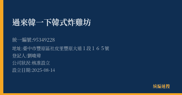 過來韓一下韓式炸雞坊的照片-統編 95349228(臺中市) 公司登記資料與營業項目詳細圖表
