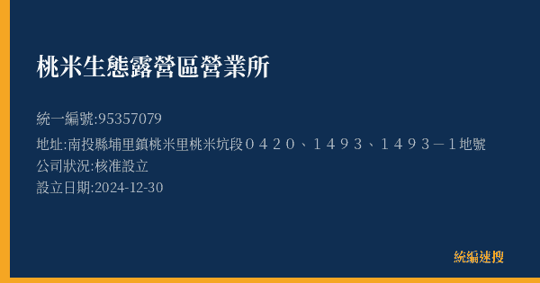 桃米生態露營區營業所的照片-統編 95357079(南投縣) 公司登記資料與營業項目詳細圖表