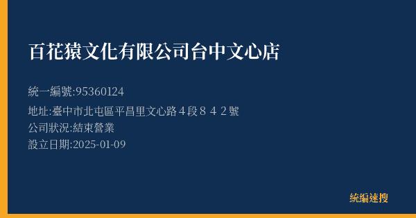 百花猿文化有限公司台中文心店的照片-統編 95360124(臺中市) 公司登記資料與營業項目詳細圖表