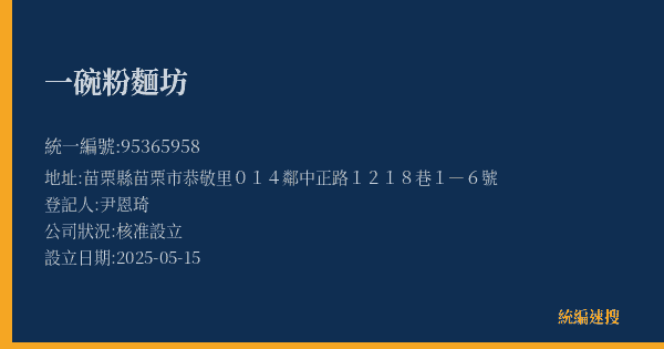 一碗粉麵坊的照片-統編 95365958(苗栗縣) 公司登記資料與營業項目詳細圖表