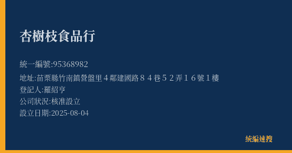 杏樹枝食品行的照片-統編 95368982(苗栗縣) 公司登記資料與營業項目詳細圖表