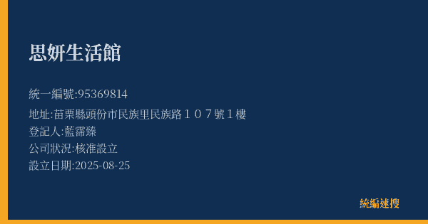 思妍生活館的照片-統編 95369814(苗栗縣) 公司登記資料與營業項目詳細圖表