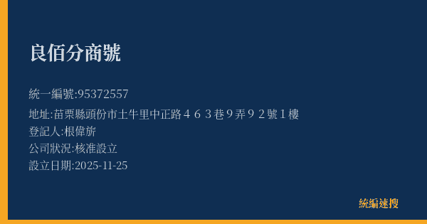 良佰分商號的照片-統編 95372557(苗栗縣) 公司登記資料與營業項目詳細圖表