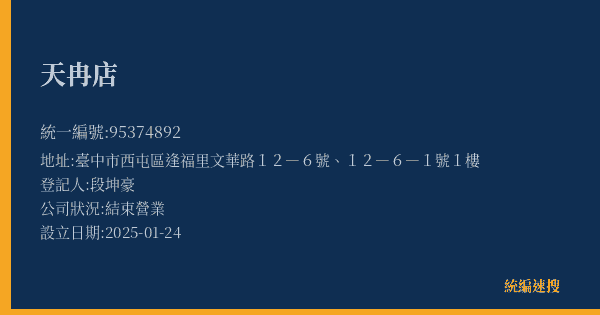 天冉店的照片-統編 95374892(臺中市) 公司登記資料與營業項目詳細圖表