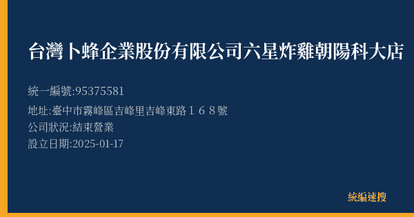 台灣卜蜂企業股份有限公司六星炸雞朝陽科大店的照片-統編 95375581(臺中市) 公司登記資料與營業項目詳細圖表