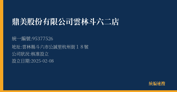 鼎美股份有限公司雲林斗六二店的照片-統編 95377526(雲林縣) 公司登記資料與營業項目詳細圖表