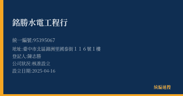 銘勝水電工程行的照片-統編 95395067(臺中市) 公司登記資料與營業項目詳細圖表