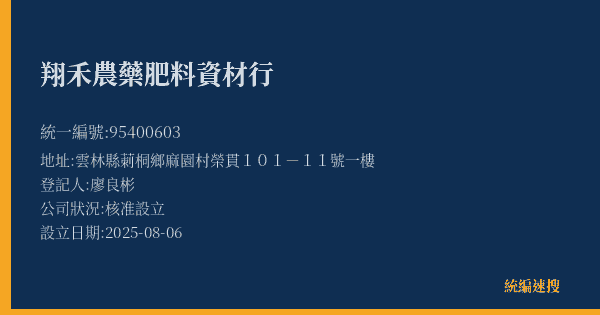 翔禾農藥肥料資材行的照片-統編 95400603(雲林縣) 公司登記資料與營業項目詳細圖表