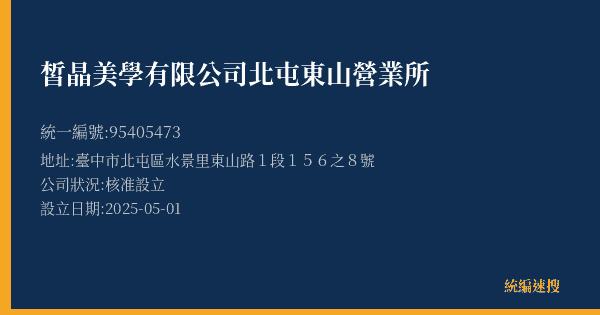 皙晶美學有限公司北屯東山營業所的照片-統編 95405473(臺中市) 公司登記資料與營業項目詳細圖表