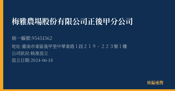 梅雅農場股份有限公司正後甲分公司的照片-統編 95451362(臺南市) 公司登記資料與營業項目詳細圖表