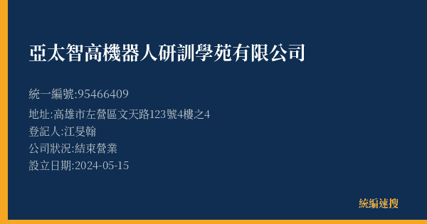 亞太智高機器人研訓學苑有限公司的照片-統編 95466409(高雄市) 公司登記資料與營業項目詳細圖表