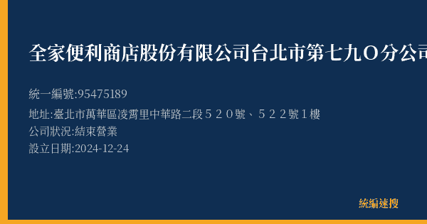 全家便利商店股份有限公司台北市第七九O分公司的照片-統編 95475189(臺北市) 公司登記資料與營業項目詳細圖表