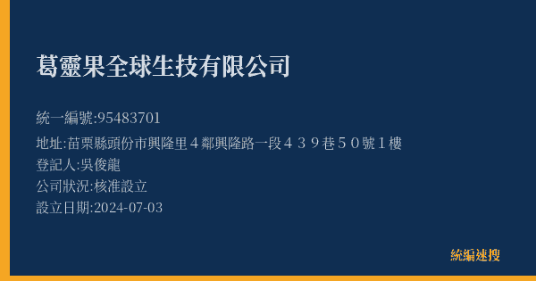 葛靈果全球生技有限公司的照片-統編 95483701(苗栗縣) 公司登記資料與營業項目詳細圖表