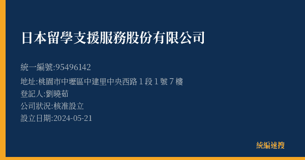 日本留學支援服務股份有限公司的照片-統編 95496142(桃園市) 公司登記資料與營業項目詳細圖表