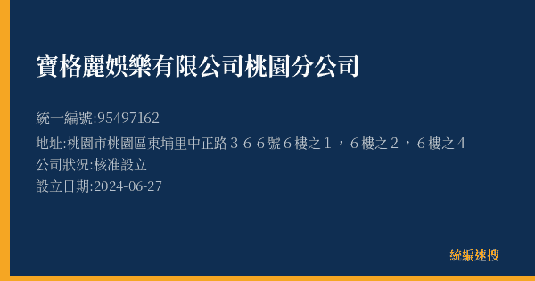 寶格麗娛樂有限公司桃園分公司的照片-統編 95497162(桃園市) 公司登記資料與營業項目詳細圖表