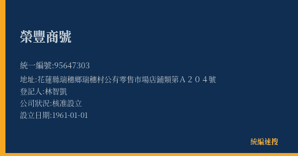 榮豐商號的照片-統編 95647303(花蓮縣) 公司登記資料與營業項目詳細圖表