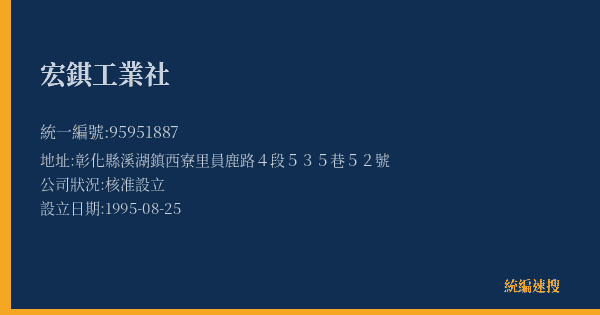宏錤工業社的照片-統編 95951887(彰化縣) 公司登記資料與營業項目詳細圖表