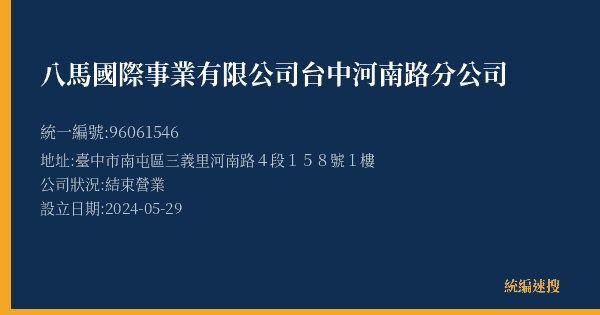 八馬國際事業有限公司台中河南路分公司的照片-統編 96061546(臺中市) 公司登記資料與營業項目詳細圖表