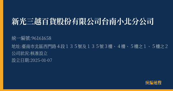 新光三越百貨股份有限公司台南小北分公司的照片-統編 96161658(臺南市) 公司登記資料與營業項目詳細圖表