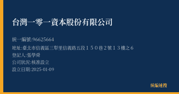 台灣一零一資本股份有限公司的照片-統編 96625664(臺北市) 公司登記資料與營業項目詳細圖表