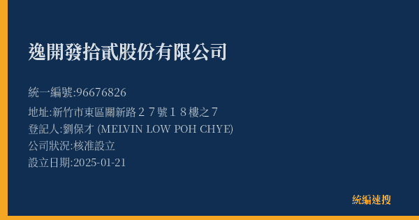 逸開發拾貳股份有限公司的照片-統編 96676826(新竹市) 公司登記資料與營業項目詳細圖表