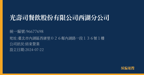 光壽司餐飲股份有限公司西湖分公司的照片-統編 96677698(臺北市) 公司登記資料與營業項目詳細圖表