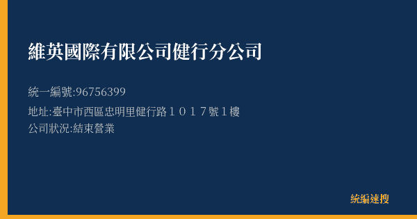 維英國際有限公司健行分公司的照片-統編 96756399(臺中市) 公司登記資料與營業項目詳細圖表