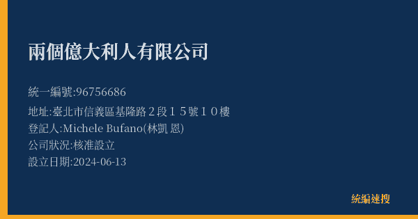 兩個億大利人有限公司的照片-統編 96756686(臺北市) 公司登記資料與營業項目詳細圖表