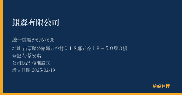 銀森有限公司的照片-統編 96767608(苗栗縣) 公司登記資料與營業項目詳細圖表