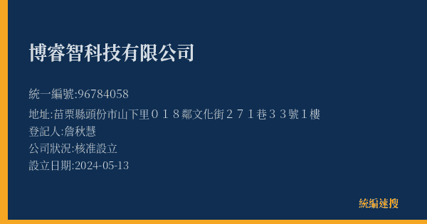 博睿智科技有限公司的照片-統編 96784058(苗栗縣) 公司登記資料與營業項目詳細圖表