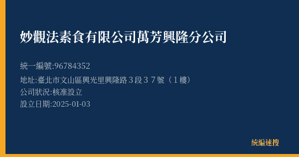 妙觀法素食有限公司萬芳興隆分公司的照片-統編 96784352(臺北市) 公司登記資料與營業項目詳細圖表