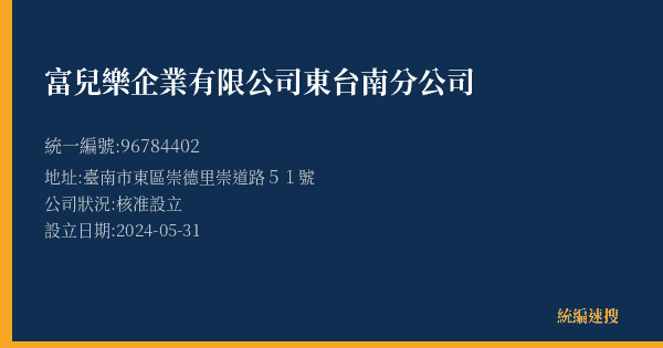 富兒樂企業有限公司東台南分公司的照片-統編 96784402(臺南市) 公司登記資料與營業項目詳細圖表