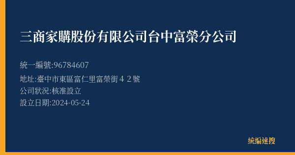 三商家購股份有限公司台中富榮分公司的照片-統編 96784607(臺中市) 公司登記資料與營業項目詳細圖表