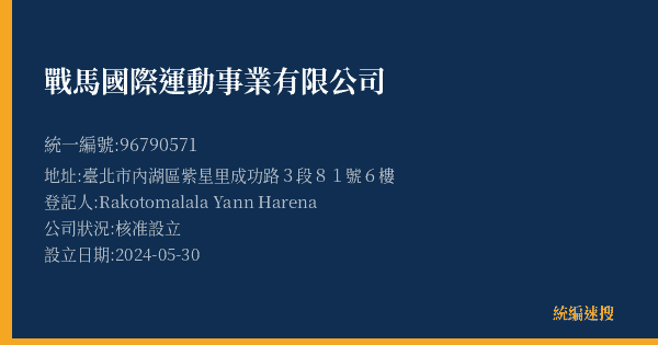 戰馬國際運動事業有限公司的照片-統編 96790571(臺北市) 公司登記資料與營業項目詳細圖表