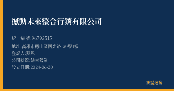 撼動未來整合行銷有限公司的照片-統編 96792515(高雄市) 公司登記資料與營業項目詳細圖表
