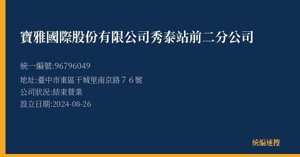 寶雅國際股份有限公司秀泰站前二分公司的照片-統編 96796049(臺中市) 公司登記資料與營業項目詳細圖表