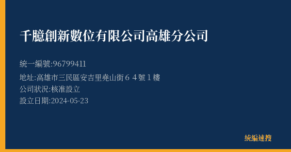 千臆創新數位有限公司高雄分公司的照片-統編 96799411(高雄市) 公司登記資料與營業項目詳細圖表