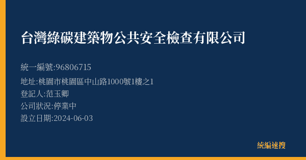 台灣綠碳建築物公共安全檢查有限公司的照片-統編 96806715(桃園市) 公司登記資料與營業項目詳細圖表