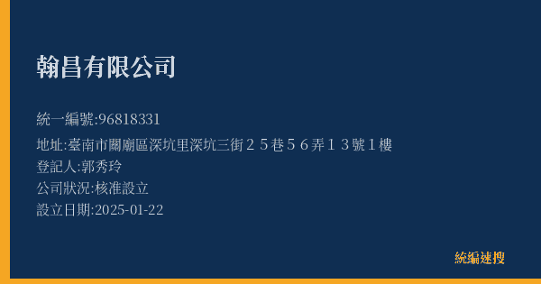 翰昌有限公司的照片-統編 96818331(臺南市) 公司登記資料與營業項目詳細圖表