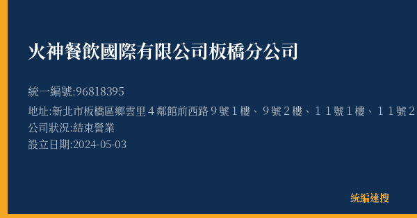 火神餐飲國際有限公司板橋分公司的照片-統編 96818395(新北市) 公司登記資料與營業項目詳細圖表