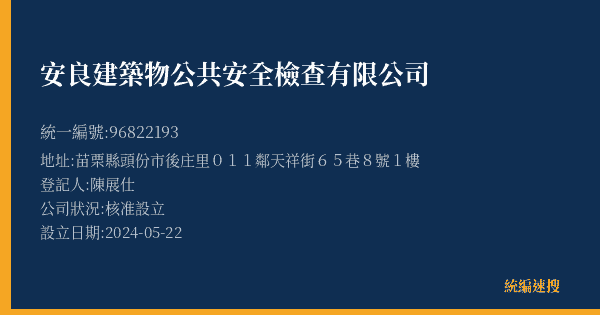 安良建築物公共安全檢查有限公司的照片-統編 96822193(苗栗縣) 公司登記資料與營業項目詳細圖表