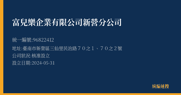 富兒樂企業有限公司新營分公司的照片-統編 96822412(臺南市) 公司登記資料與營業項目詳細圖表